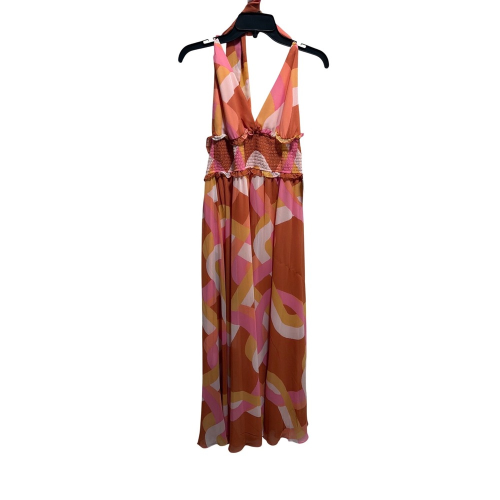 Premier Amour Maxi Dress Geometric Print Halter Neck Smocked Bodice Orange Pink